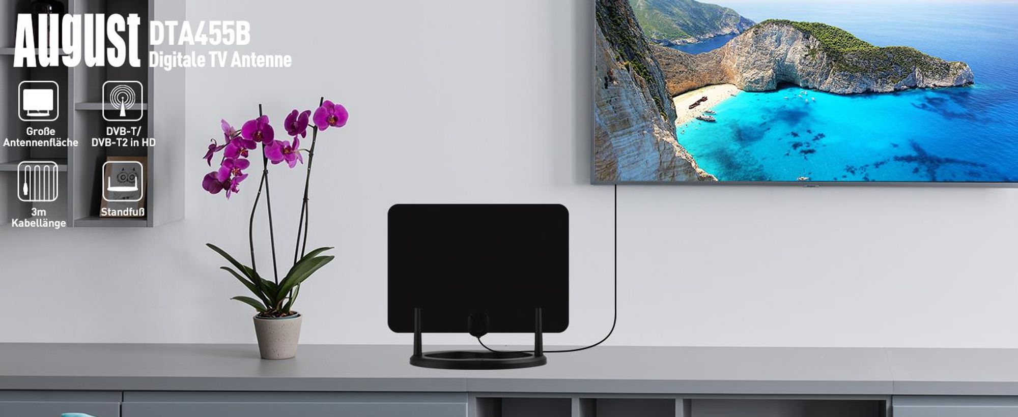 DVB-T/DVB-T2 HD Ständer Fensterantenne für Terrestrischlebe mit 3 Meter Kabel - August DTA455