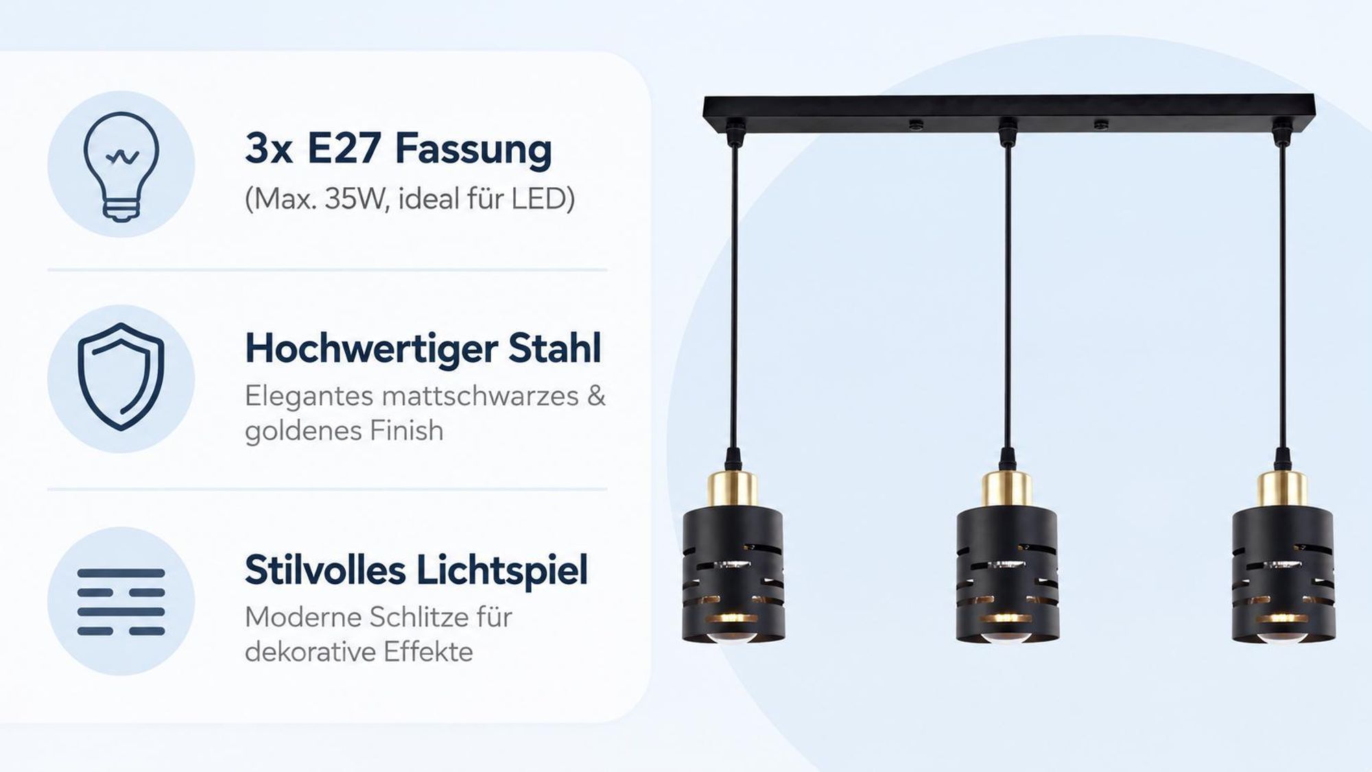 MasterLED Pendelleuchte 3-flammig - E27 Fassungen - Schwarz Gold - 50 cm Balken - Metall - modern für Esszimmer & Küche