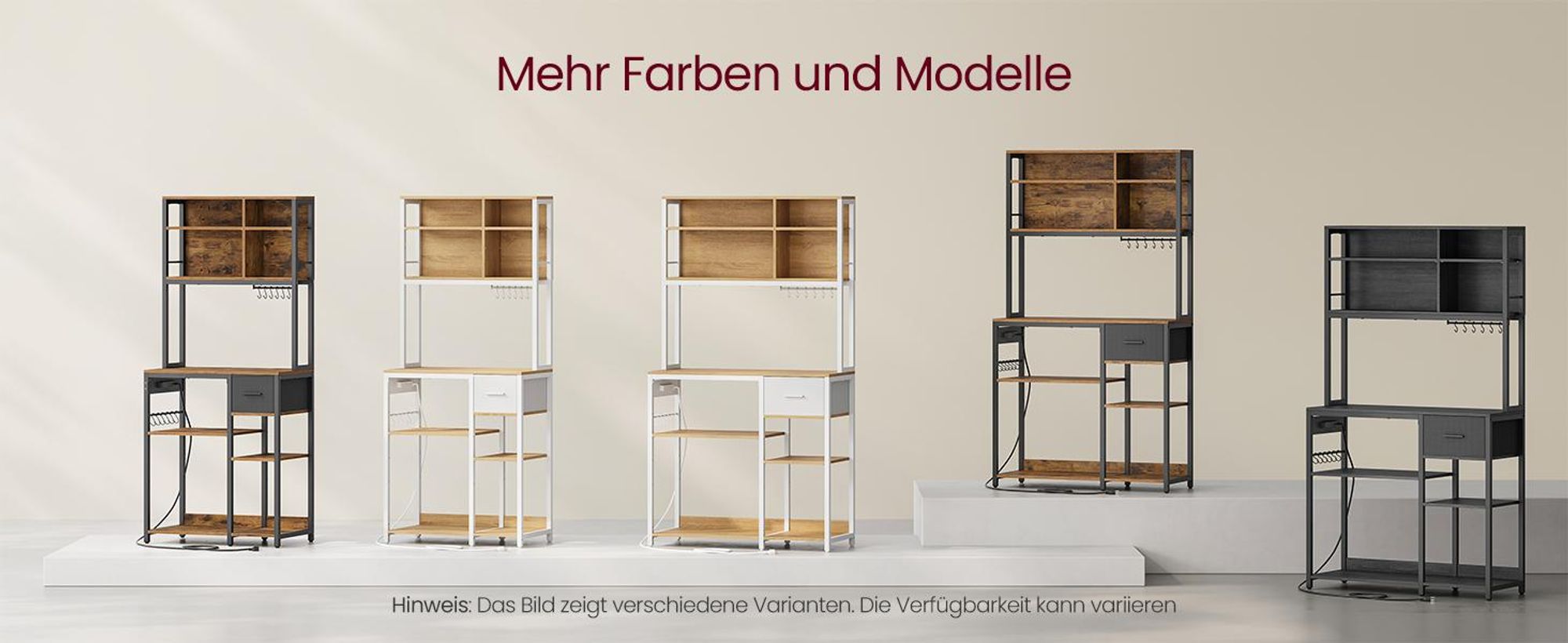 VASAGLE Küchenregal mit Steckdosen, Standregal, Mikrowellen-Regal, verstellbare Ablagen, Stoffschublade, 12 Haken, 40 x 100 x 180,4 cm, für Mikrowelle