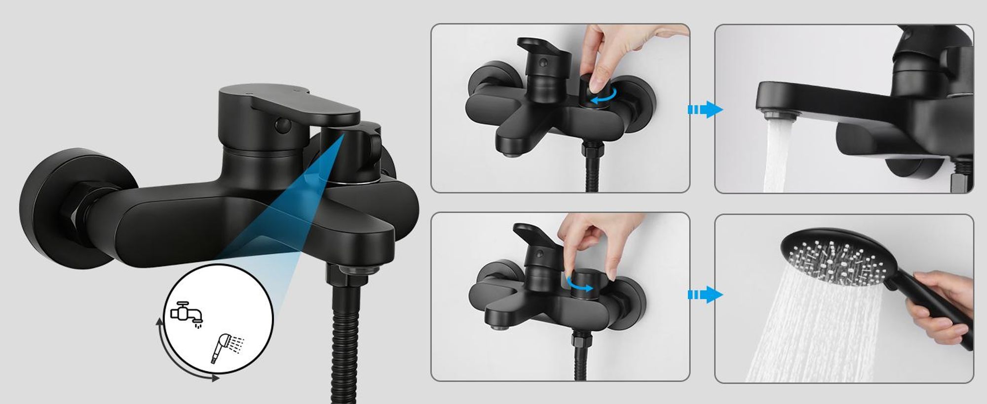 Badewannenarmatur, Wannenarmatur, Duscharmatur Set, Duschset Wasserhahn Badewanne, Duschkopf 3 Funktionen, Wandmontage Einhebel Wasserhahn