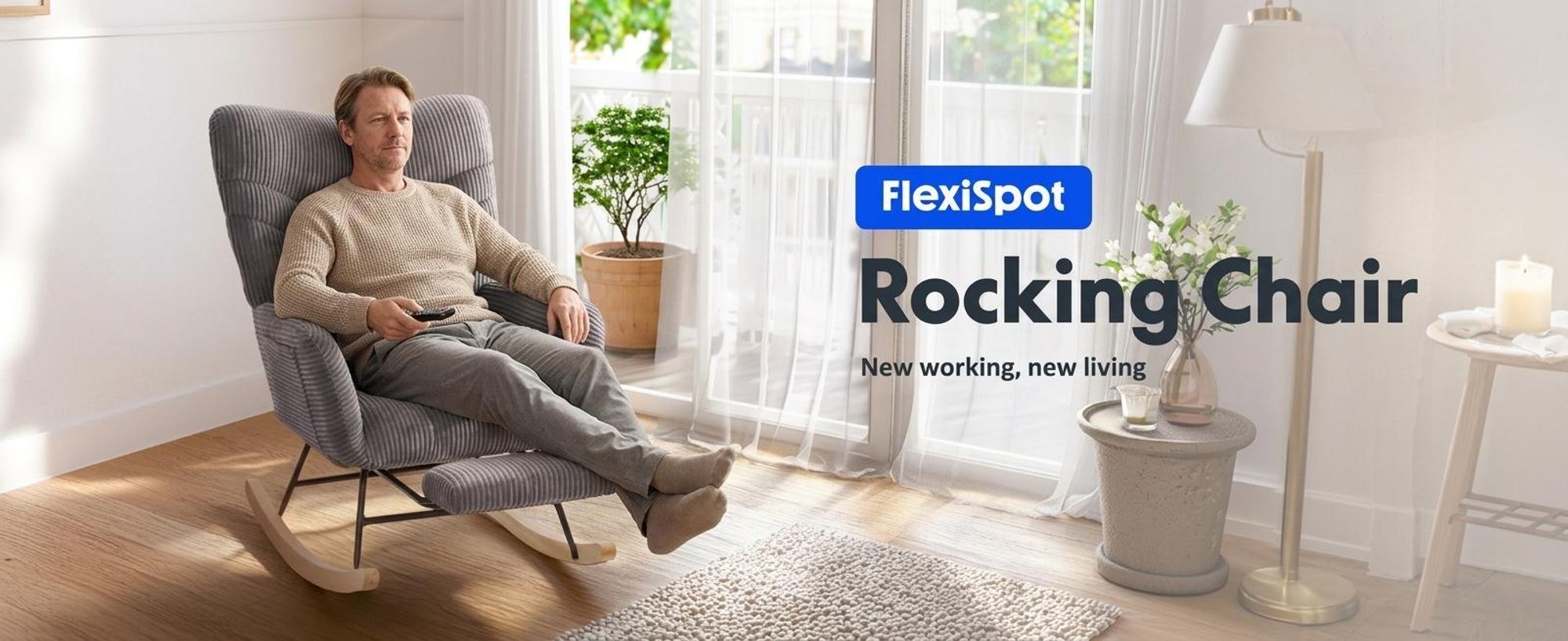 FLEXISPOT Schaukelstuhl Schaukelsessel hohe Rückenlehne & Fußstütze, Moderner Relaxsessel mit Holzkufen, gepolstert für Wohnzimmer, bis 120 kg Weiß