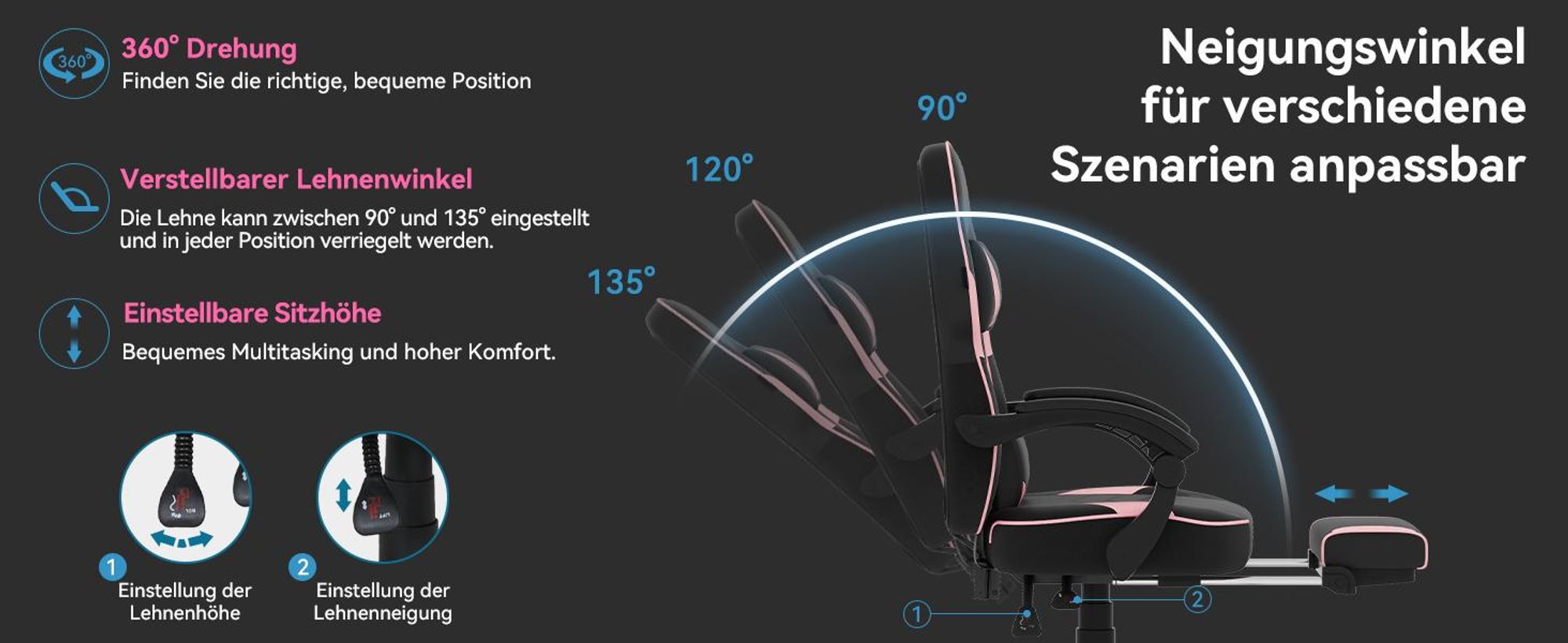 Puluomis Gaming Stuhl mit Massage und Fußstütze 150kg, Bürostuhl Ergonomisch Chefsessel Schreibtischstuhl Racing Stuhl Computerstuhl Rosa Pink Schwarz