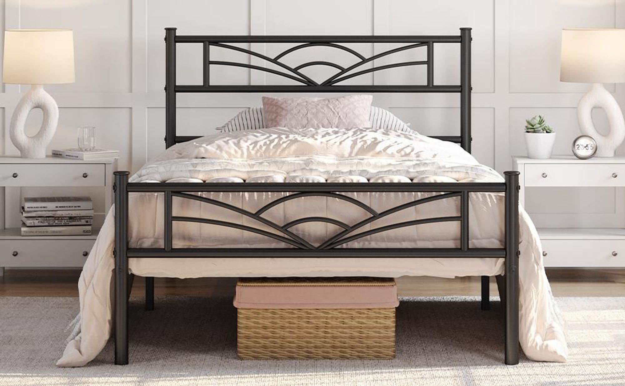 Yaheetech Metallbett Bettgestell 90 x 200 cm, Bettrahmen mit Wolkenmuster Kopfteil, Schwarz
