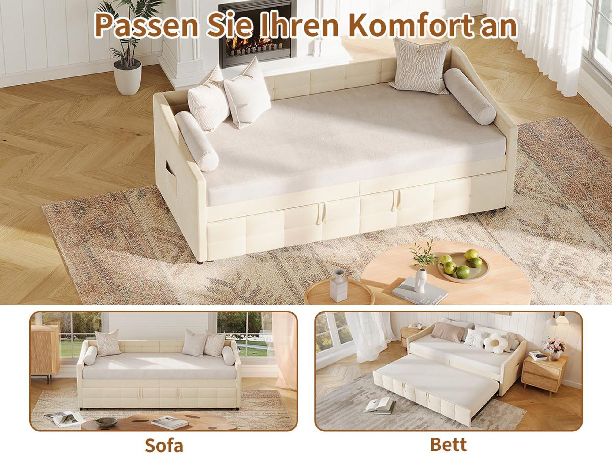 INONEFT Polsterbett Schlafsofa 90x200cm mit Ausziehbett ,Tagesbett mit Lattenrost und Armlehnen,Jugendbett,Samt, Beige