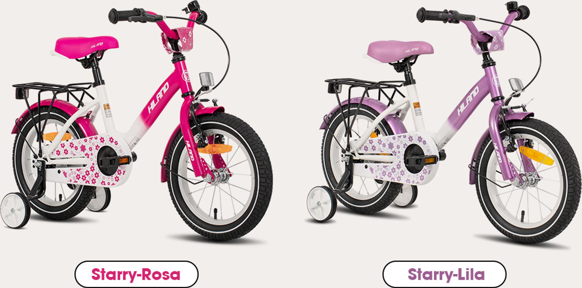 HILAND Starry 12 Zoll Kinderfahrrad für Mädchen ab 3 4 5 6 7 Jahren, mit Stützräder, Gepäckträger, Klingel, Handbremse und Rücktrittbremse, Lila