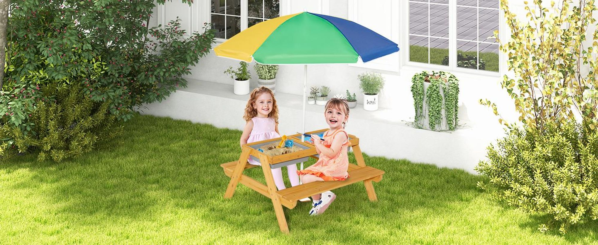 COSTWAY 3 in 1 Kinder Picknicktisch, Gartentisch mit Sonnenschirm & Bänke, Kindersitzgruppe aus Holz mit Tischplatte & 2 Spielboxen, Weiß+Blau