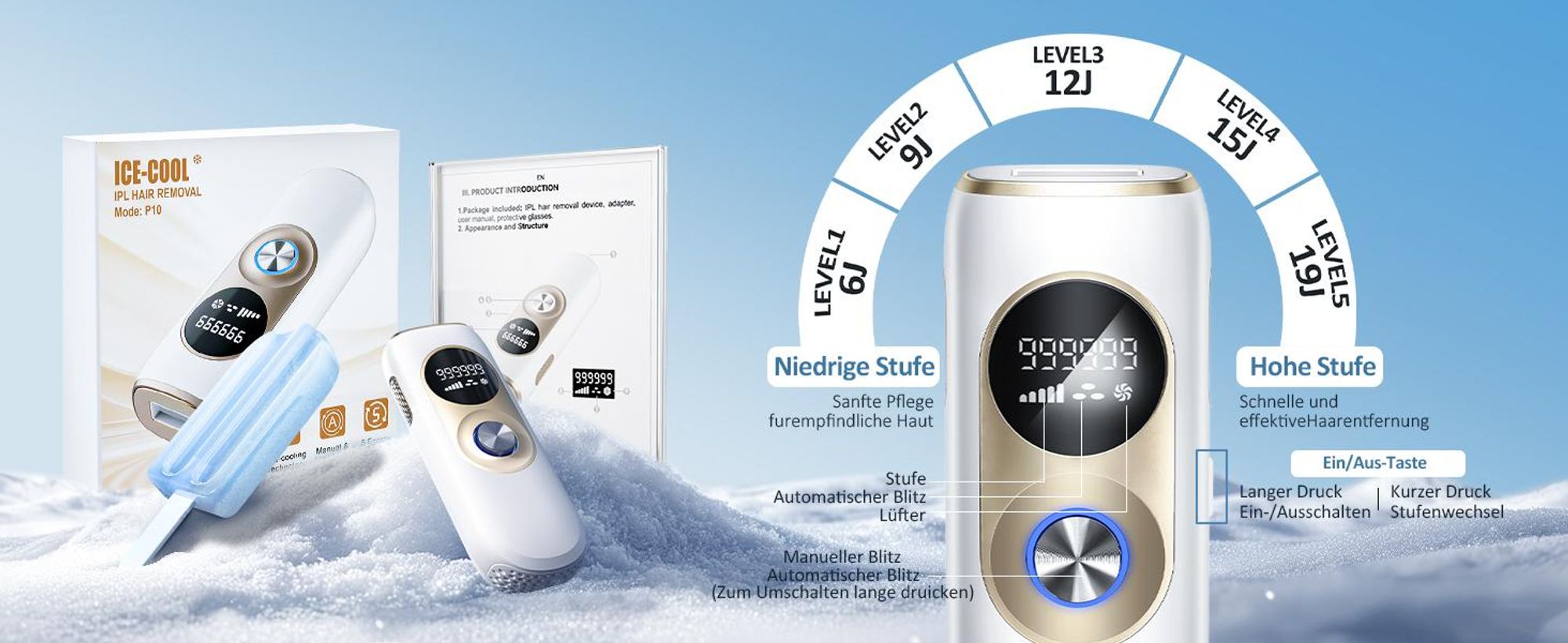 KUGI  IPL Haarentfernung mit Kühlfunktion 999.999 Blitzen–Laser Haarentfernung mit 5 Energiestufen Lichtimpulse 600nm Rote Lichtwelle für Damen/Herren