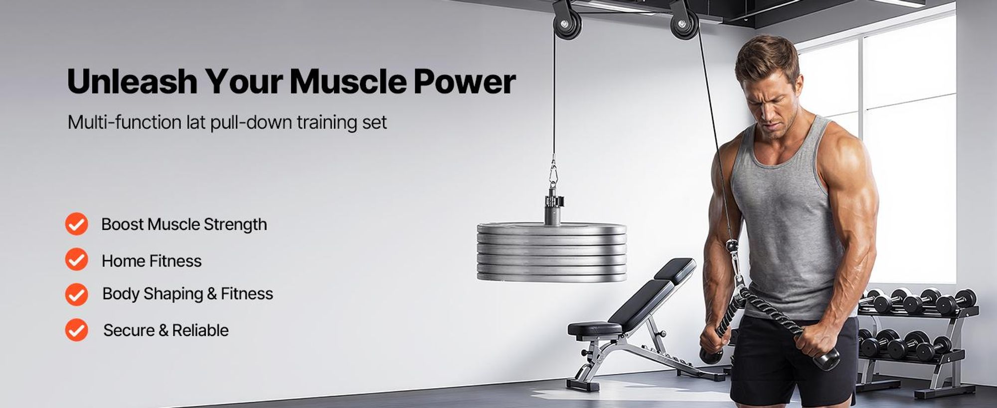 VEVOR Seilzug-System, 2 Stück LAT- und Hebeseil-System, Fitnessgeräte-Pulley-Anschluss mit zwei Stahlkabeln, kurzer Stange, doppelte Griffgriffe, Kabelmaschine für Bizeps, Schulter, Rücken, bis zu 150 kg Tragfähigkeit