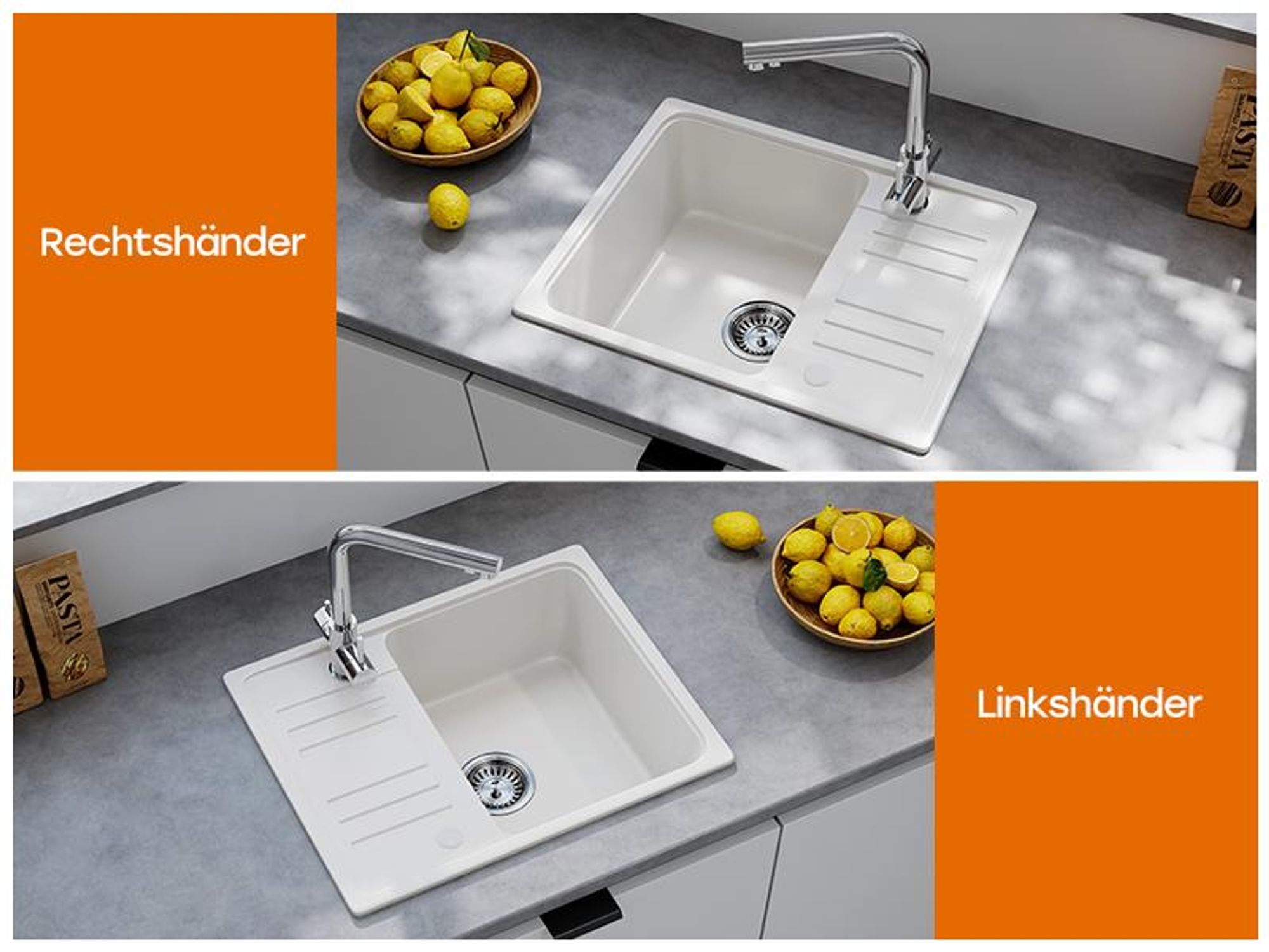 HOROW Granit Küche Spüle Weiß - 1 Becken Einbauspüle mit Reversible Installation, Spülbecken mit Siphon Ab- und Überlaufgarnitu 57 x 45 cm
