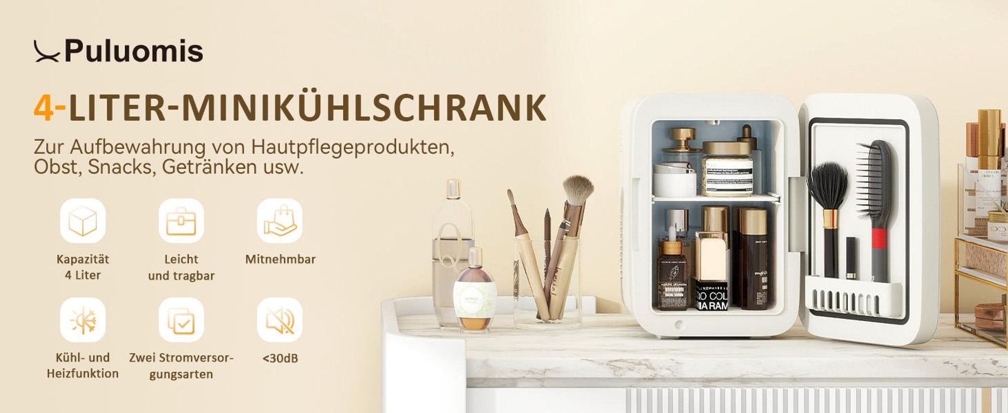 Puluomis Mini Kühlschrank 4L, 2 in 1 Warm- und Kühlbox tragbar Ultra-Leiser Auto Kühlbox (<30dB) 12V/220V /230V AC/DC für Getränkedosen, Snacks Beige