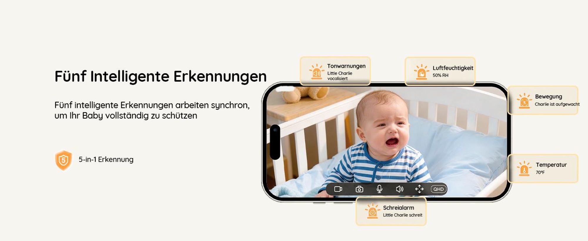 5 Zoll Babyphone mit Kamera 2K Babyfon Video PTZ 355° Bewegungs und Geräuscherkennung Temperatur Luftfeuchtigkeit mobiles Tracking