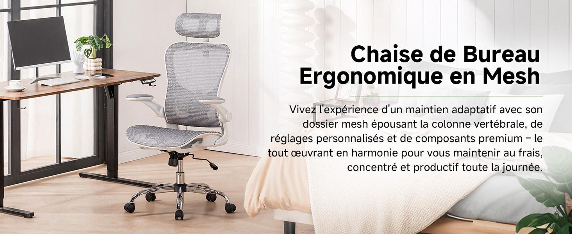 COMHOMA Chaise de bureau ergonomique, chaise de bureau avec appui-tête réglable, accoudoirs, soutien lombaire, fonction bascule, fauteuil de direction en maille, 150kg