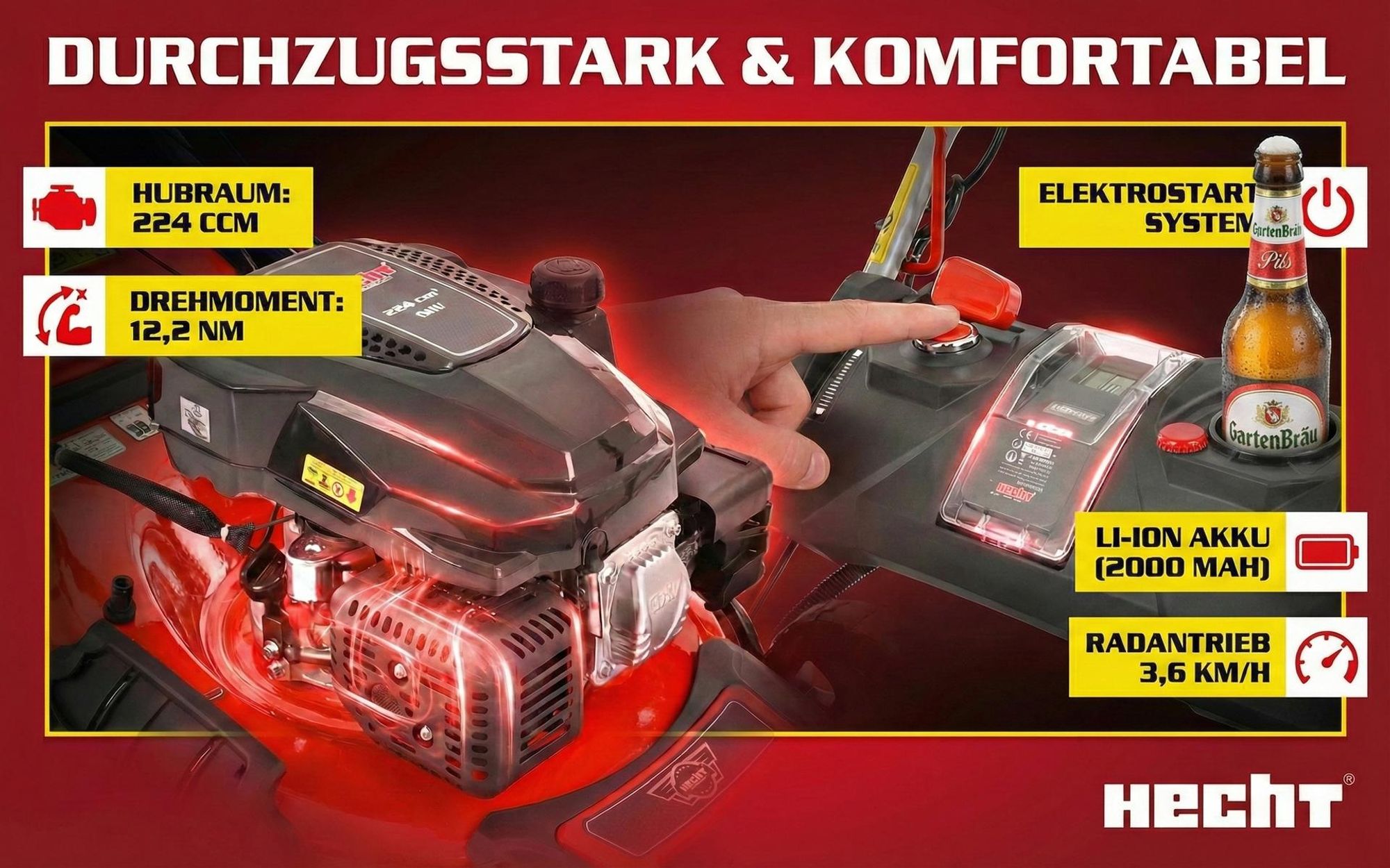 HECHT Rasenmäher Benzin mit Antrieb 554 SXE | 53 cm Schnittbreite & Elektrostart | 5in1 | 75L | 6 PS | Mulchkit
