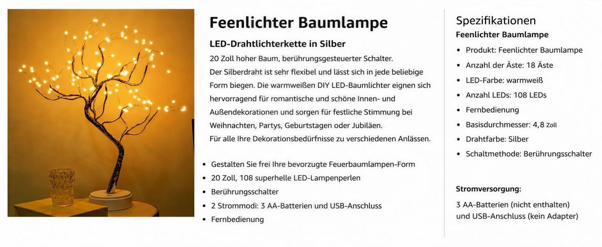 108 LED Weihnachtsdeko Bonsai Baum Lampe, Warmweißes Weihnachtslicht, Touch-Schalter, USB/Batteriebetrieben, Adventsdeko Winterdeko Tischdeko Zuhause