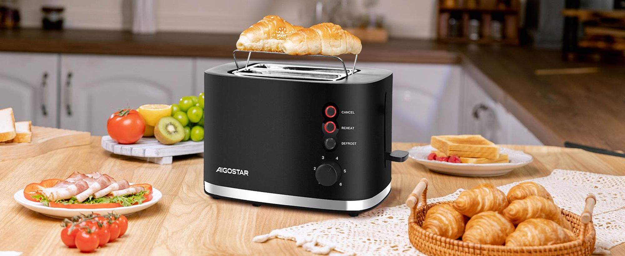 Aigostar - Toaster 2 Scheiben, extra breite Toastschlitze, 6 Bräunungsstufen,800W