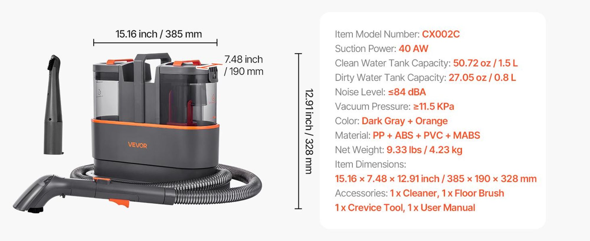 VEVOR Teppichreiniger Maschine, 1,5 L Frischwassertank & 0,8 L Schmutzwassertank, tragbarer Polster-Shampooer, 11,5Kpa Handheld Möbel-Extractor, Flecken- und Schmutz-Teilereiniger für Teppich, Couch, Auto