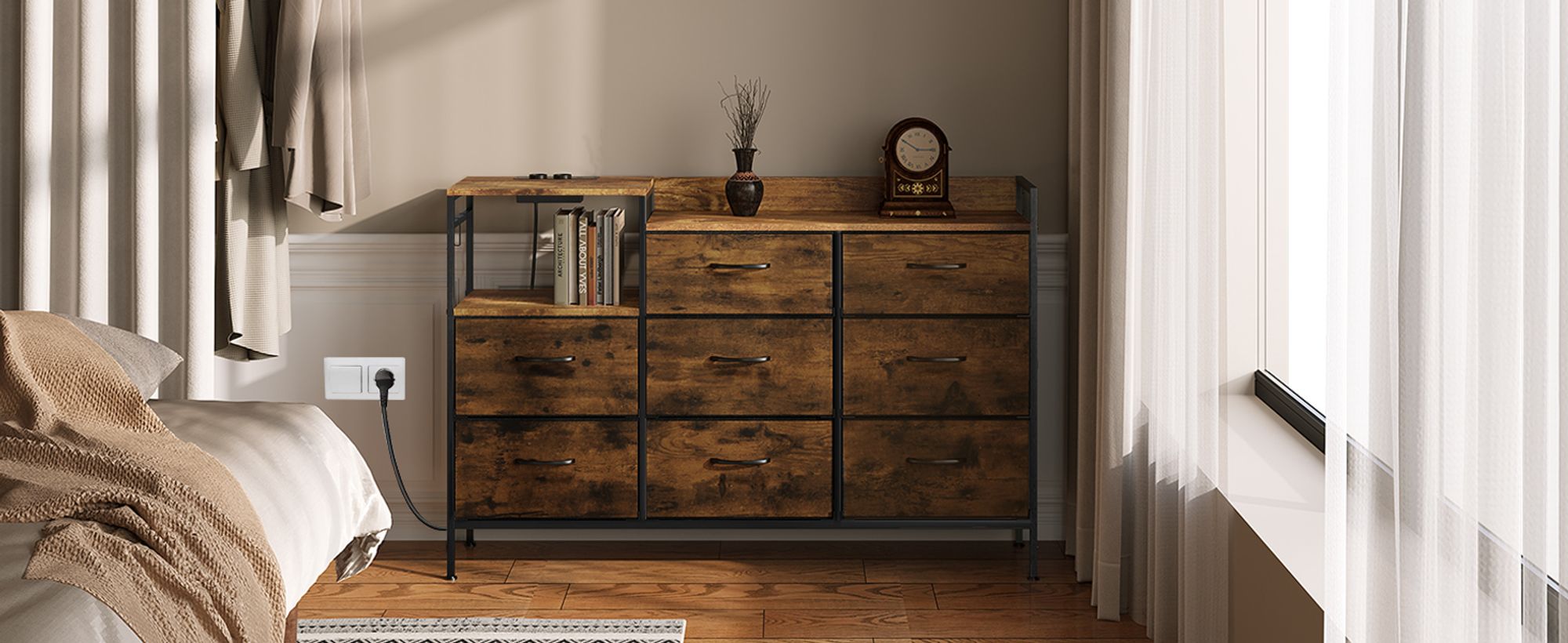 WOLTU Kommode mit 8 Schubladen Steckdosen, Metallrahmen Holzwerkstoff, Vintagebraun