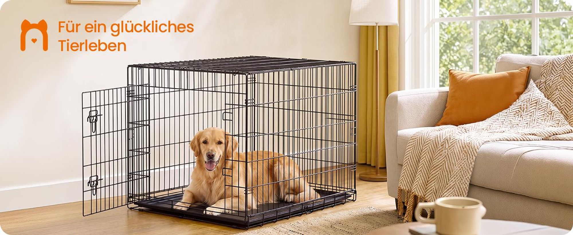 FEANDREA Hundekäfig Faltbar mit 1 Tür und Kunststoffschale für Große Hunde 122,5 x 74 x 80 cm Schwarz