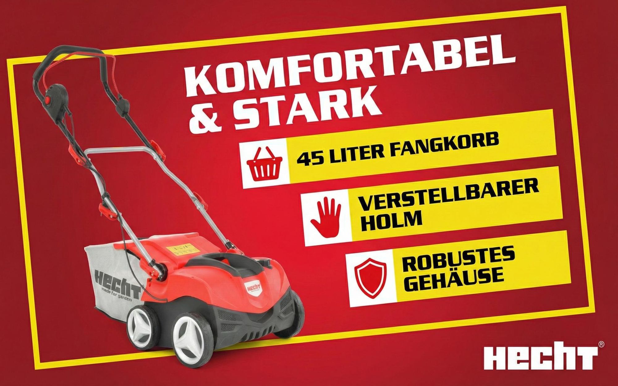 HECHT Vertikutierer Elektro 1999 | 2in1 Rasenlüfter | 36 cm Arbeitsbreite | 2000 W | 45 L Fangkorb | 22 Doppelkrallen | 16 Messer