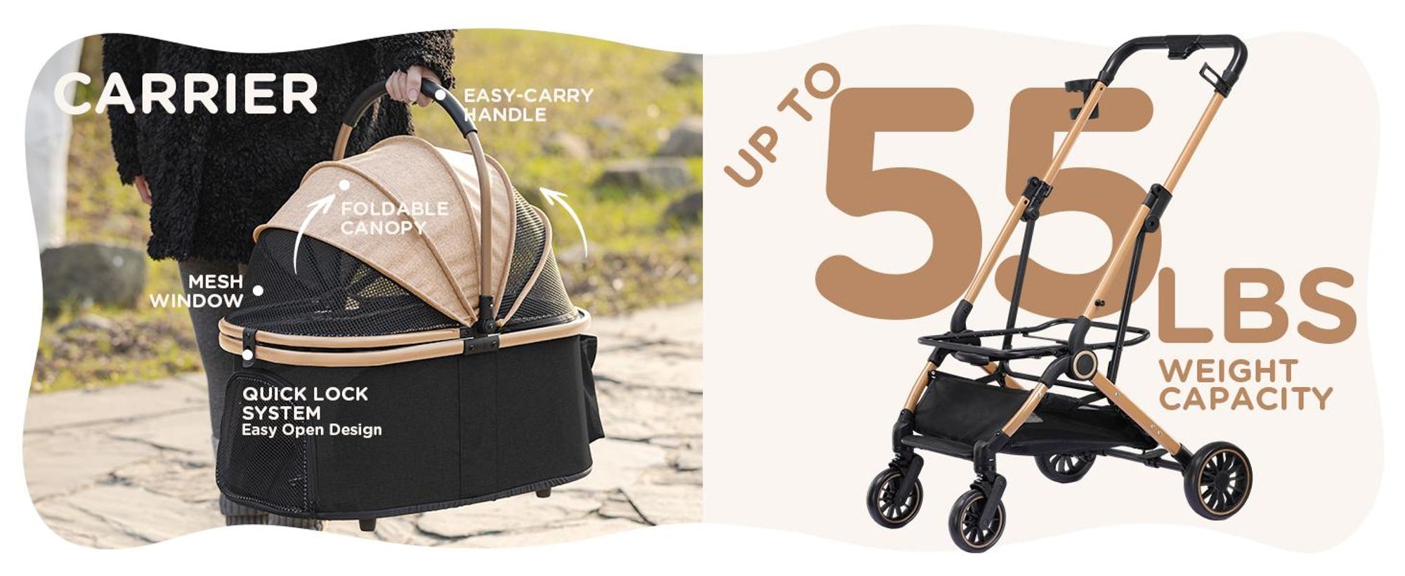 COMHOMA Hondentransportkar, opvouwbaar tot 25 kg, voorwiel en achterwielen met 360° draaibaar EVA-materiaal en remmen, 4-in-1 hondenwagen, inklapbare kattenwagen, goudkleurig
