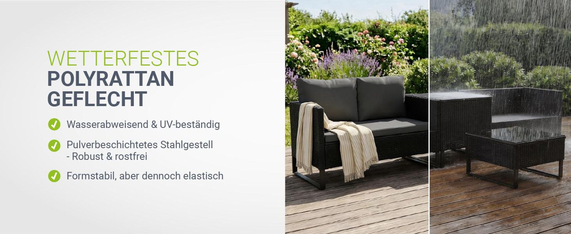Juskys Polyrattan Lounge Santorini - Sitzecke mit Beistelltisch & Auflagenbox - Schwarz