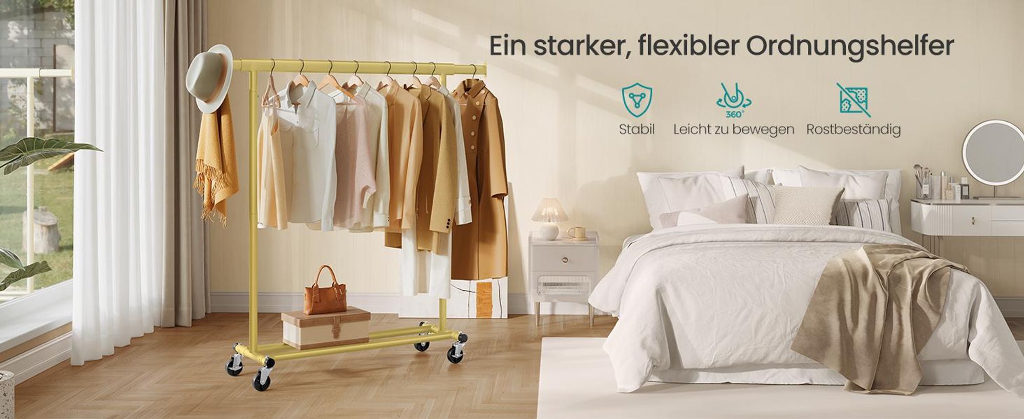 SONGMICS Kleiderständer auf Rollen, Garderobenständer, ausziehbare Kleiderstange