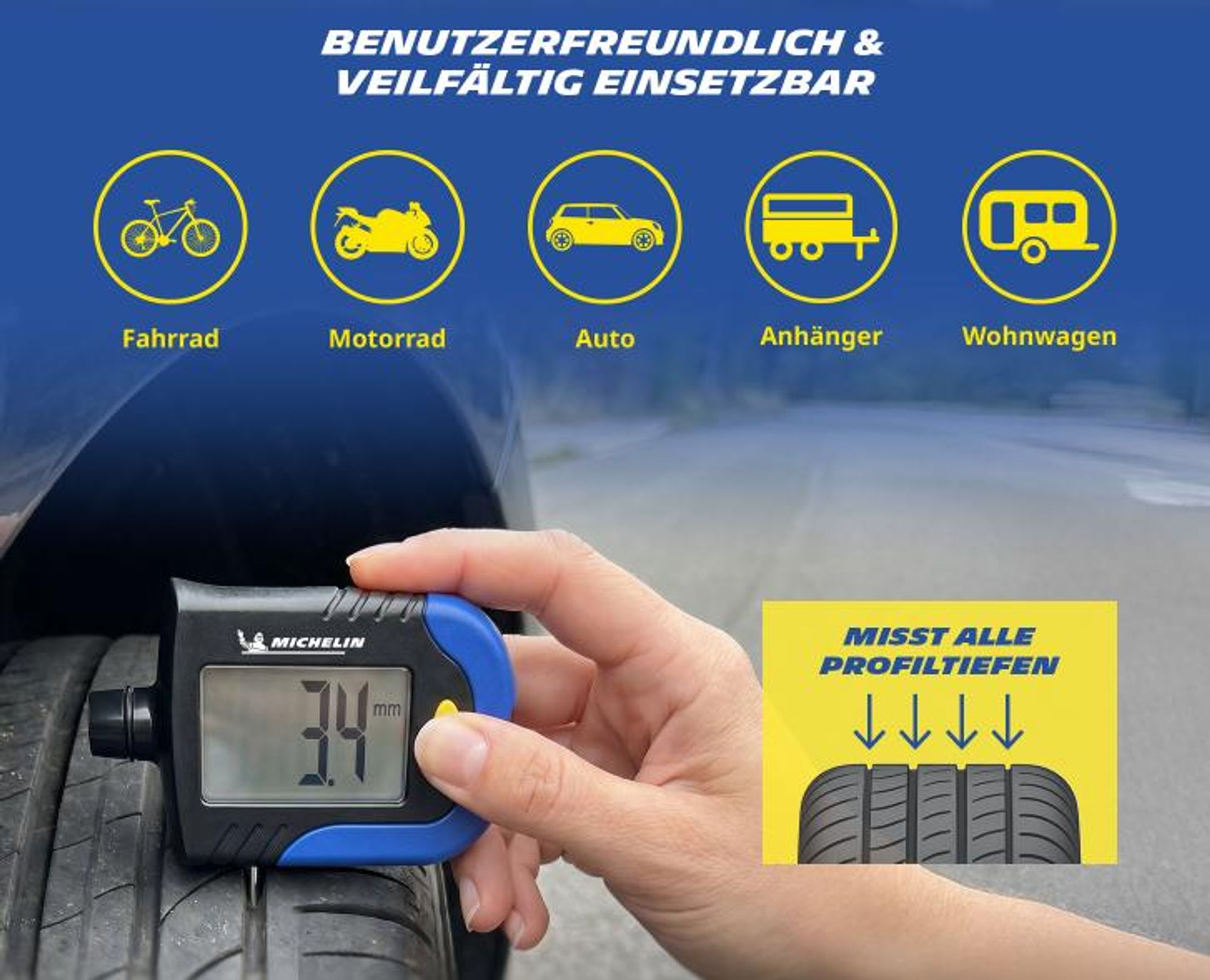 MICHELIN Reifendruckprüfer digital mit Profiltiefenmesser, LCD