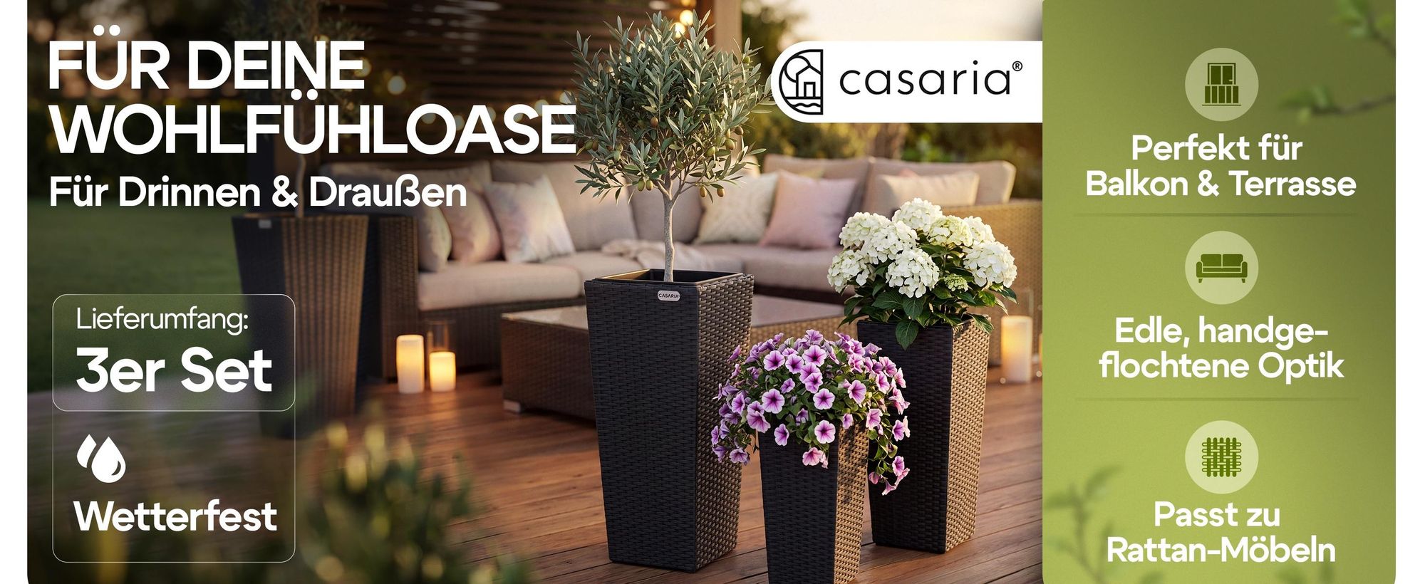CASARIA® Blumentopf 3er Set Polyrattangeflecht Übertopf Wasserabfluss Rattanoptik Outdoor Pflanzkübel Blumenkasten Braun