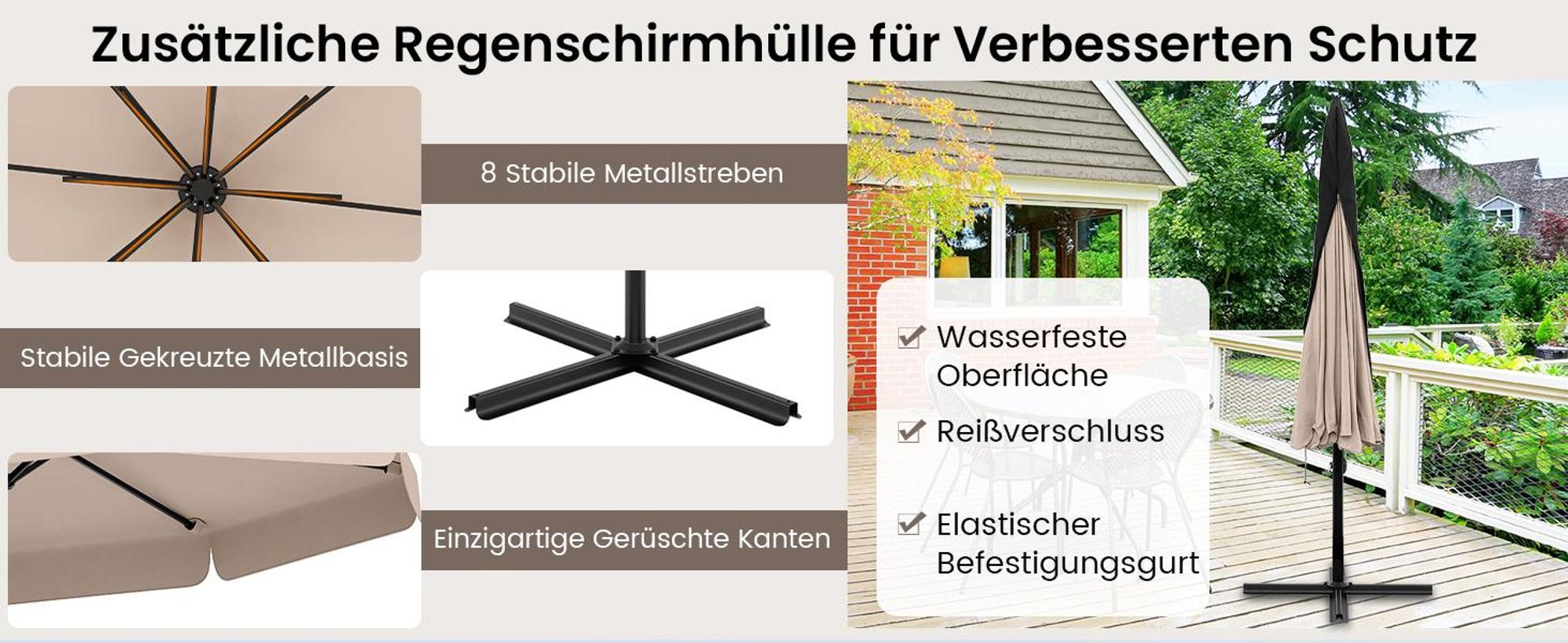 COSTWAY Sonnenschirm Ø300cm, Ampelschirm mit Volantm Schutzhülle, Gartenschirm mit 8 Streben & Kurbel, Marktschirm Neigungswinkel verstellbar Grau