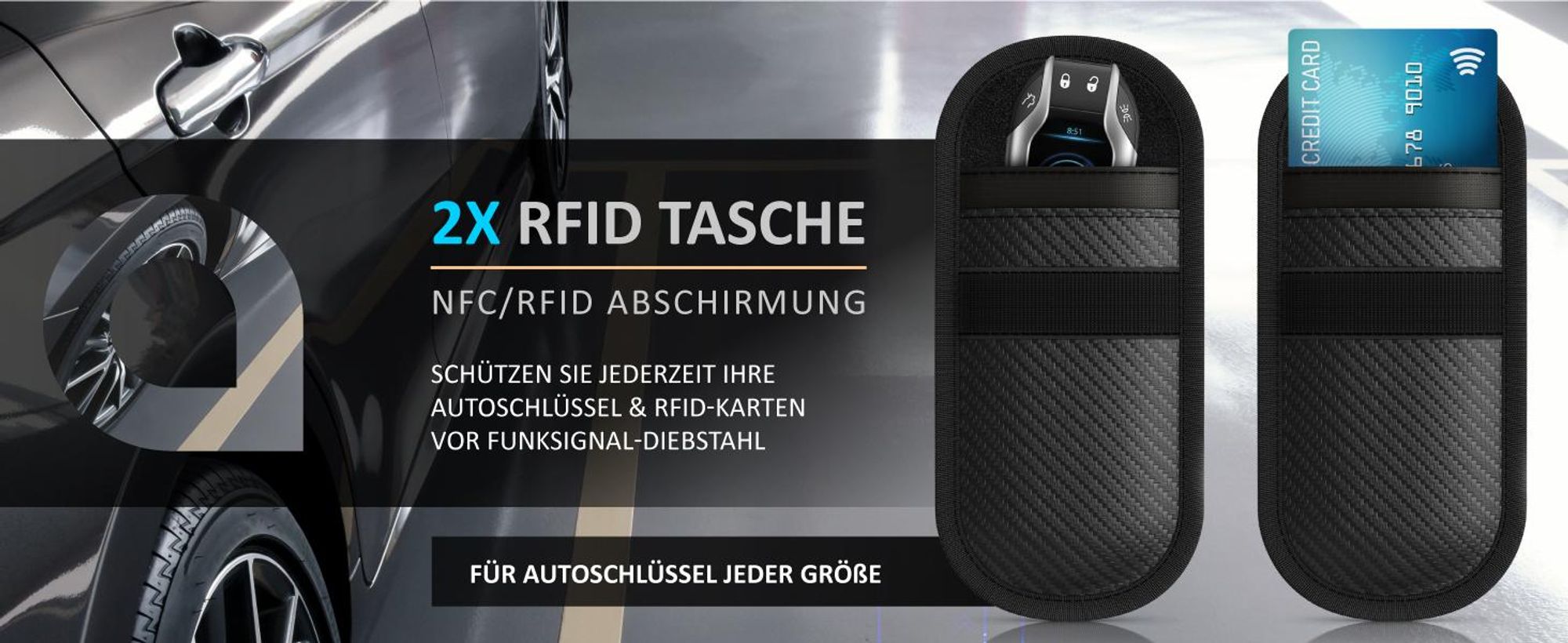 Aplic Keyless Go Schutz Autoschlüssel 2er Set , RFID Signal Blocker Etui, Hülle Schlüsseltasche RFID Blocker, Faraday Tasche, NFC, Carbonfaser, Karabiner, Klettverschluss, kompakt, Kreditkarten Schutz
