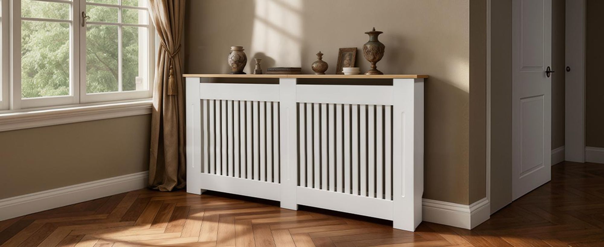 FATIVO Copritermosifone 152x20x83 cm – copritermo bianco effetto legno, in MDF spesso, con lamelle verticali