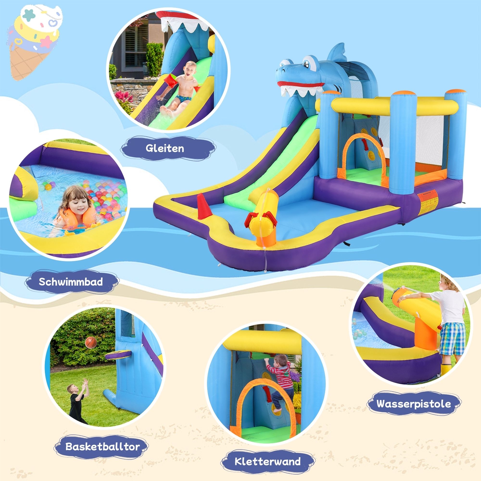 FCH Hüpfburg aufblasbar mit Rutsche Wasserrutsche Spielpool Wasserspielcenter Wasserpark Planschbecken 350x300x225cm（mit Gebläse）