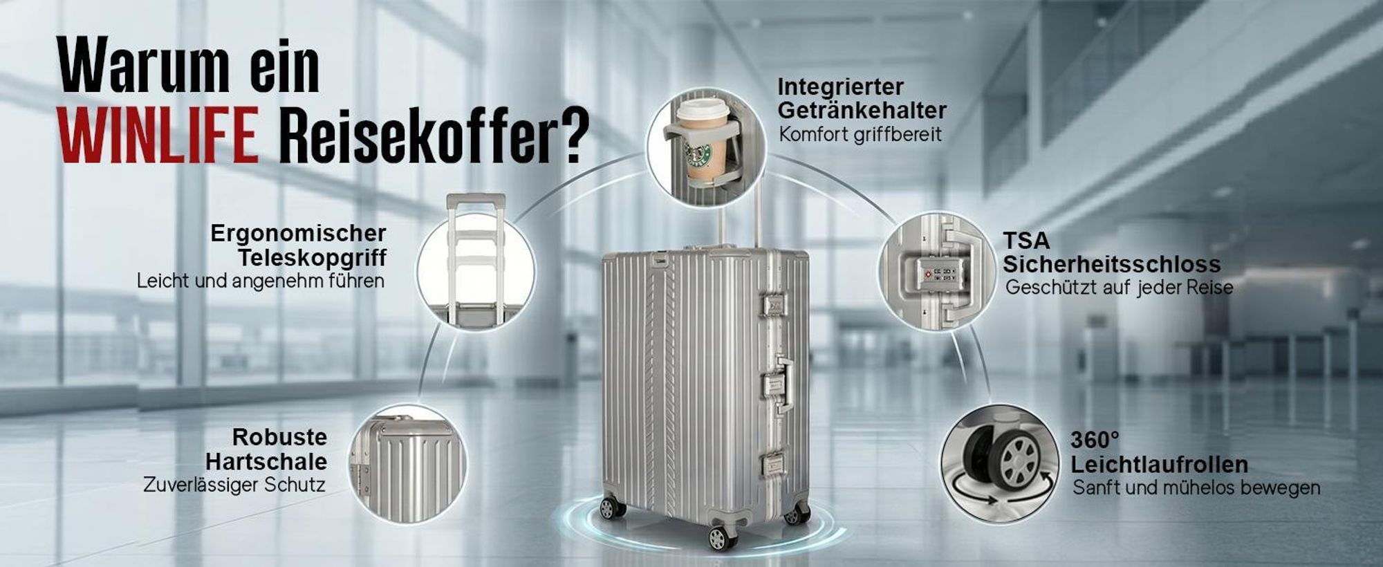 WINLIFE® SPARSET Koffer L+XL – 65cm & 75cm Hartschalenkoffer, ABS, Alu-Rahmen, TSA-Schloss, 4 Rollen, robuster & leichter Reisekoffer Silber