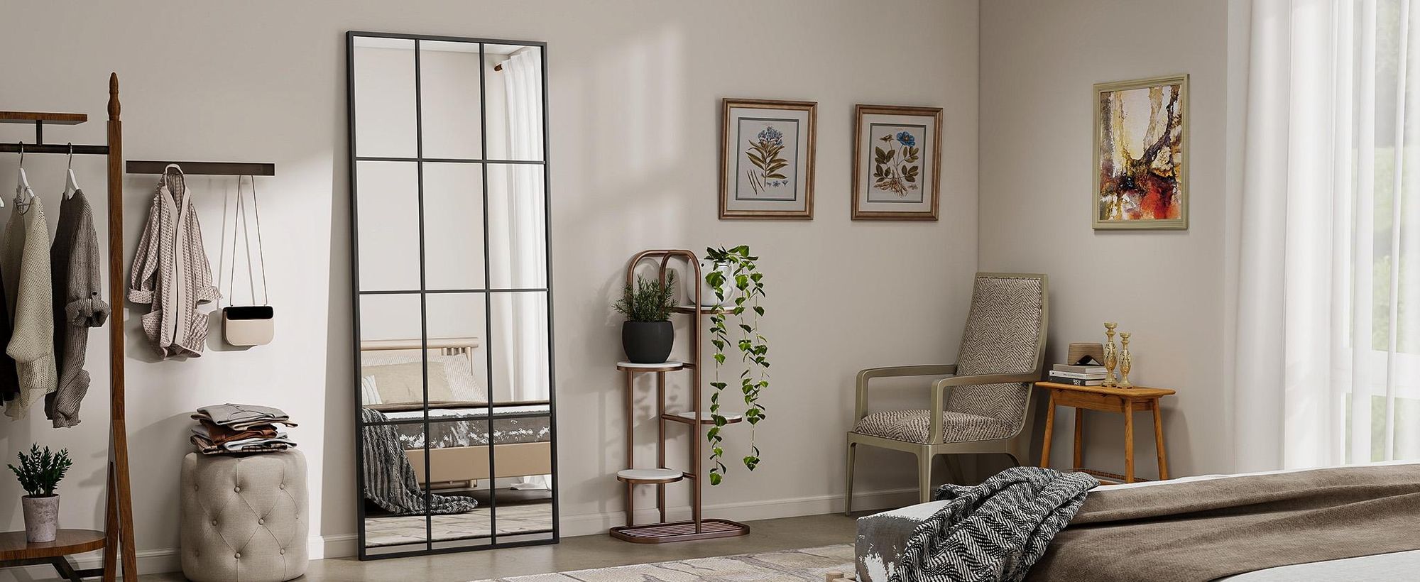 Koonmi 64x175 cm Fensterscheibe Ganzkörperspiegel - Dekorative Vollkörper mit Metallrahmen hängend Schrägung für den Eingang, Wohnzimmer, Schwarz