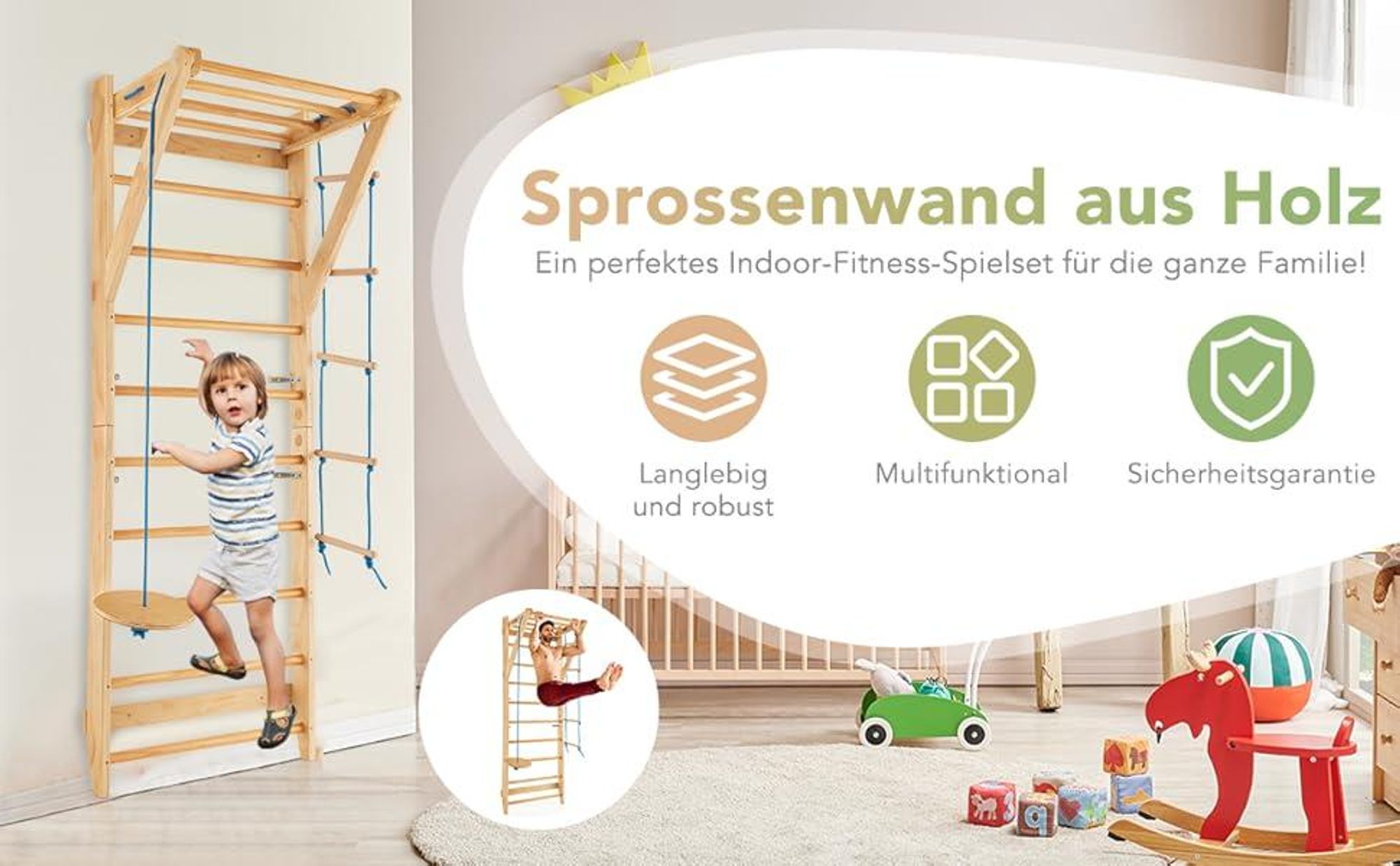 COSTWAY Sprossenwand, Kletterwand aus Holz, Klettergerüst Indoor, Turnwand Outdoor Turnwand, Gym Sportgerät, Tragfähigkeit von 100 kg