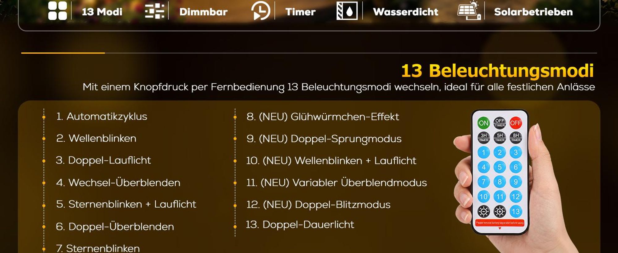 Salcar 240er LED Solar Lichterkette Aussen, 10,75mWetterfest Solar Lichterketten Außen mit Fernbedienung, 13 Modi Outdoor Solarlichterkette für Hof