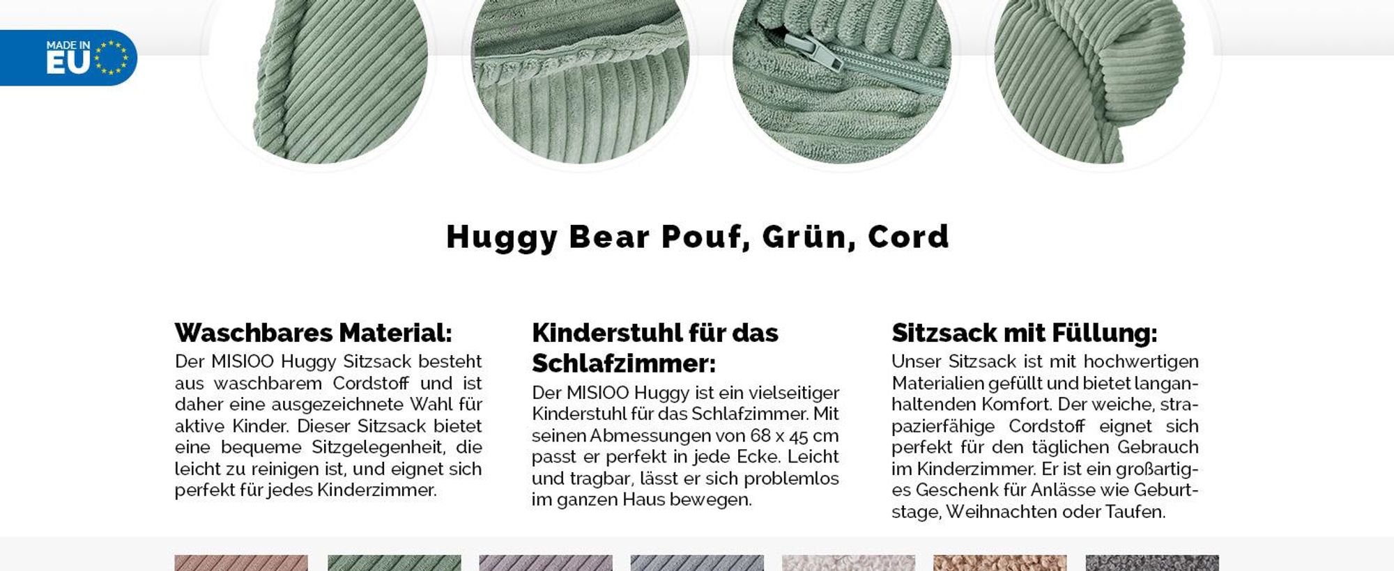 MISIOO Sitzsack Kinder – Waschbar –  – Stabile und Weiche Konstruktion – Cord-Material – 68x45 cm – Perfekt für Kinderzimmer - Olive