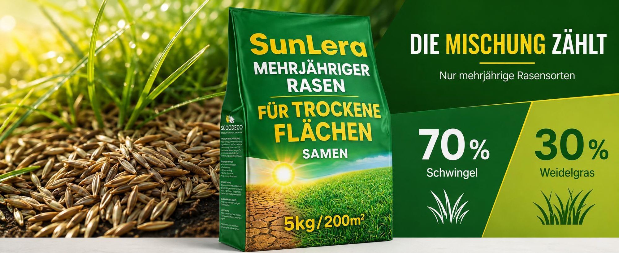 EcoDeco Rasensamen 5kg trockenresistent für Trockenrasen, sonnenexponierte Flächen und belastbare, pflegeleichte Rasenflächen