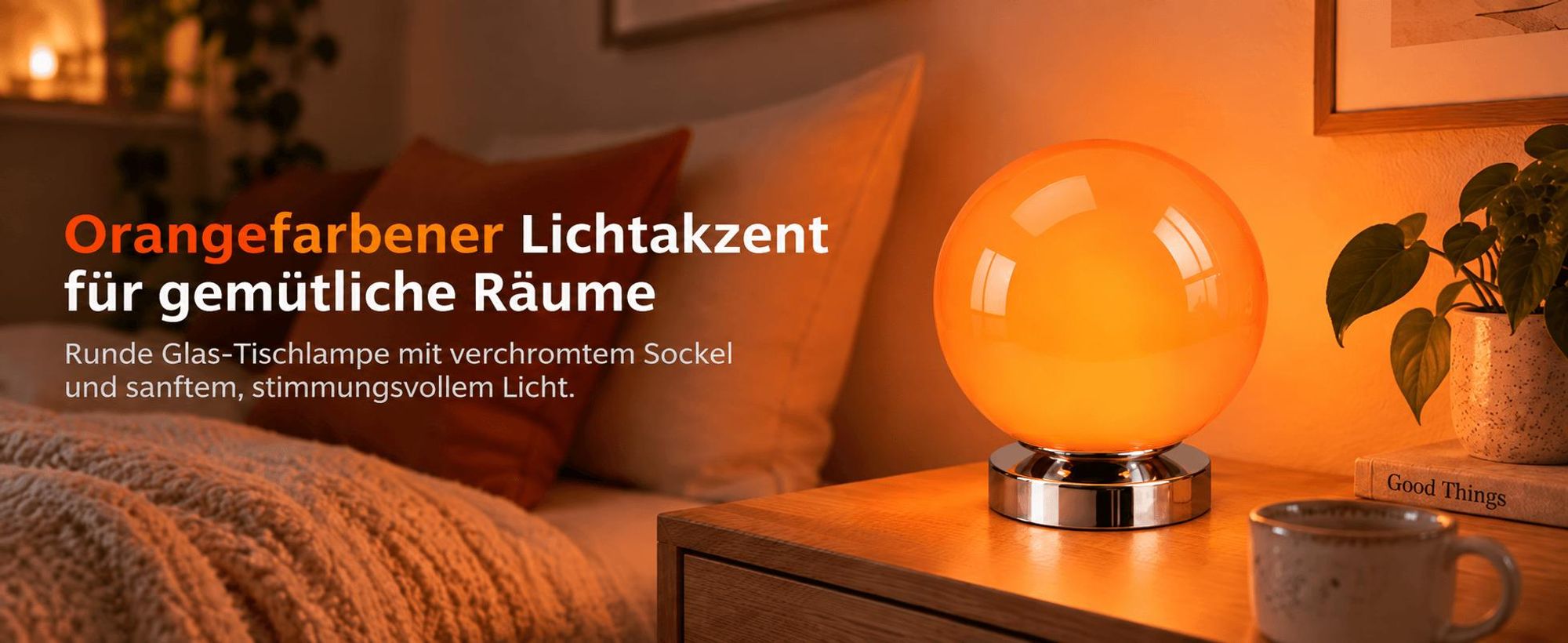 Orange Tischlampe aus Glas, Kugellampe Ø 15 cm, 3 Farbtemperaturen, 6 Helligkeitsstufen, USB-Steuerung, Nachttischlampe für Schlafzimmer