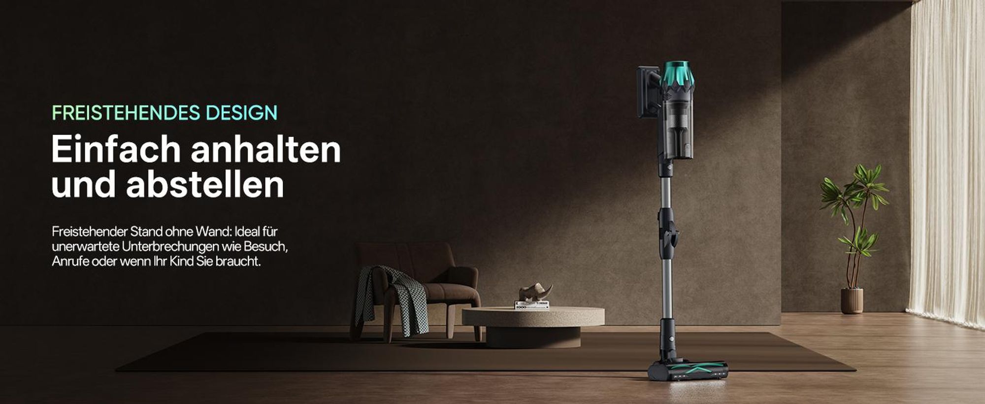Vactidy V15 MAX Akku Staubsauger mit Wischfunktion, 76KPa/ 600W/65Min Staubsauger Kabellos, Knickrohr, Wandladestation, GreenEye