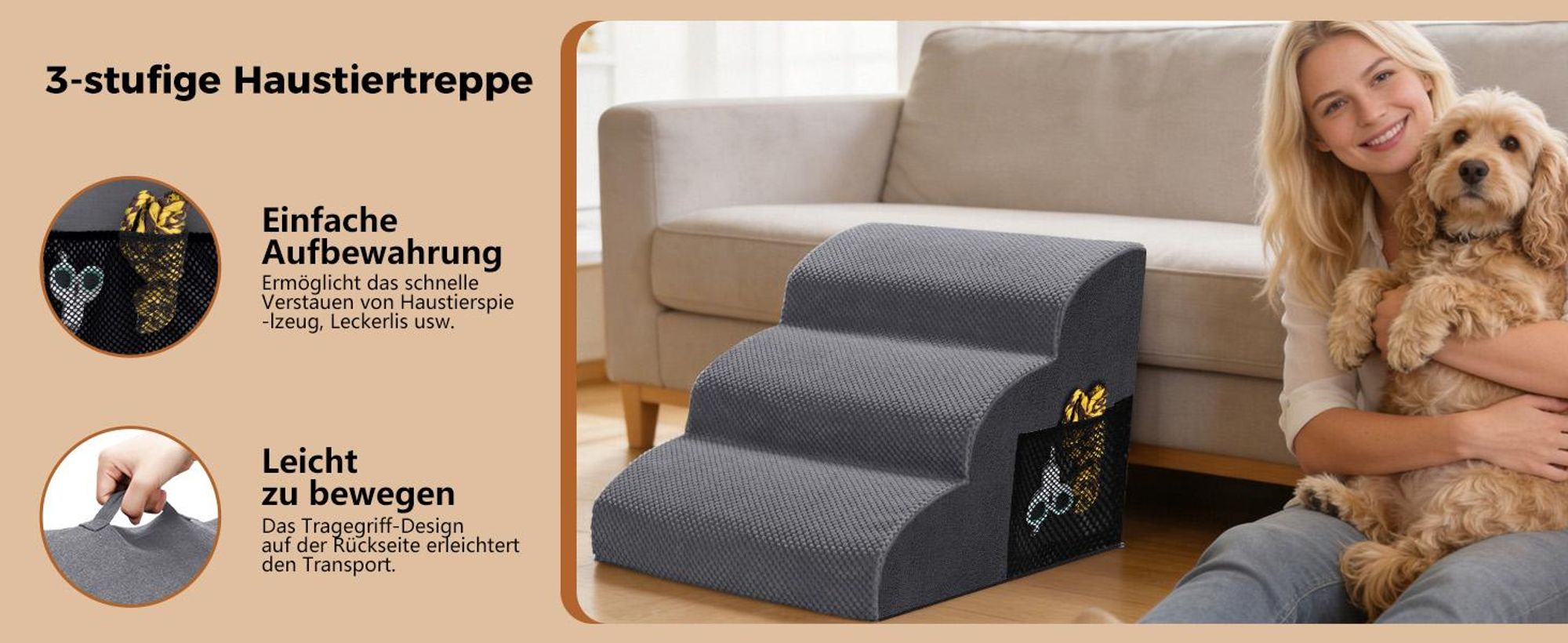 Hundetreppe, 3-stufige Haustiertreppe, Katzentreppe, Rutschfeste Haustierrampe, 40cm Hoch, Abnehmbar und waschbar, für Bett & Sofa