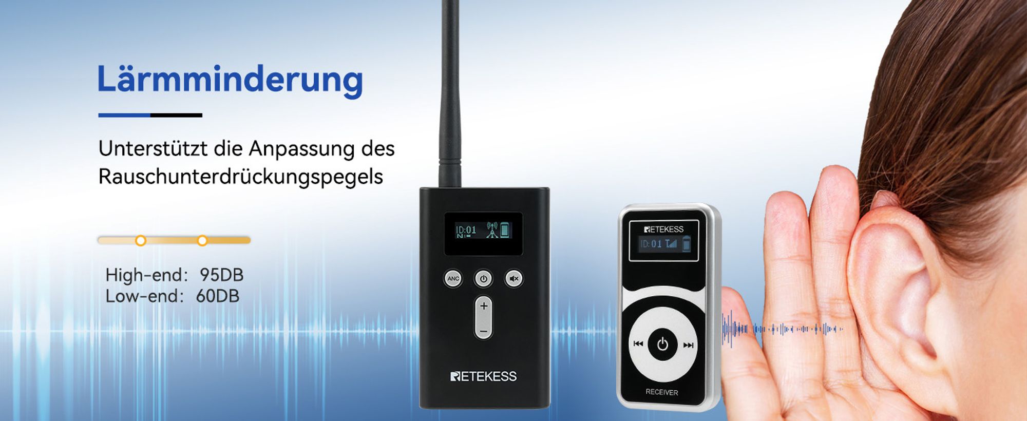 Retekess T130P Kabelloses Audio Guide System, Whisper Tour Guide, 160m, Lange Standby, Abgestufte Geräuschreduzierung, Typ-C Aufladung 10 Empfänger