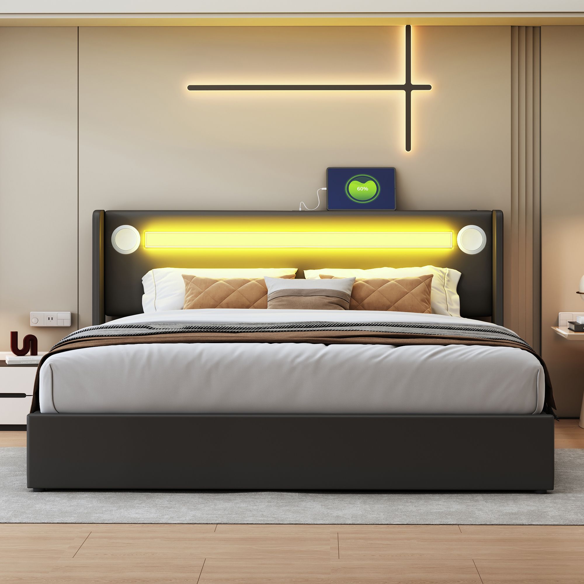 Flieks Polsterbett 160x200cm mit USB und Bluetooth-Player, Boxspringbett Doppelbett mit LED und Lattenrost, Stauraumbett Jugendbett, PU, Schwarz