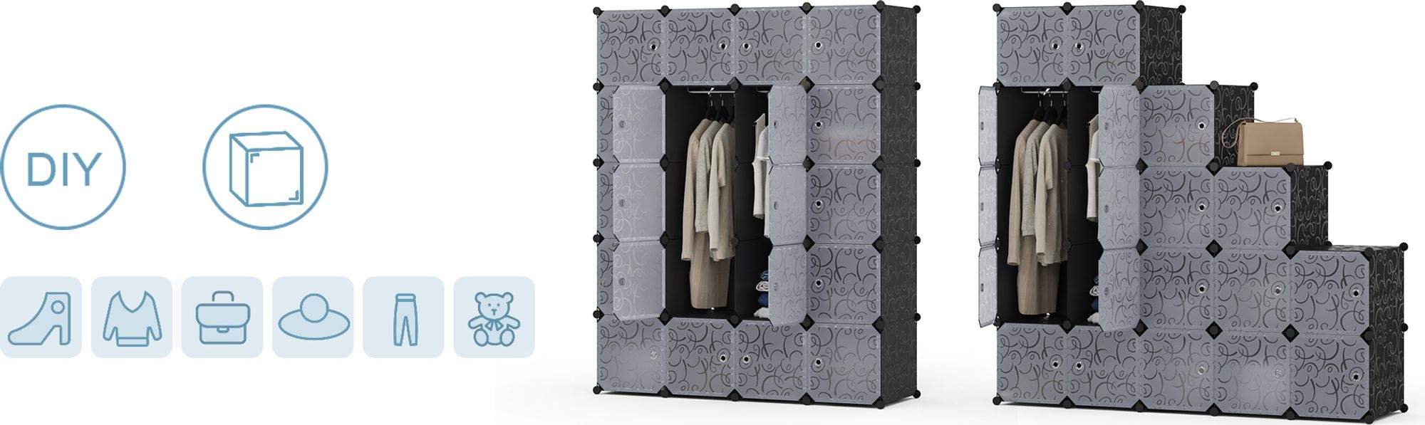 Mondeer Kleiderschrank 20 Kubus Kunststoff Kleiderschrank Regalsystem mit 2 Kleiderstange Garderobenschrank 145x181x47cm