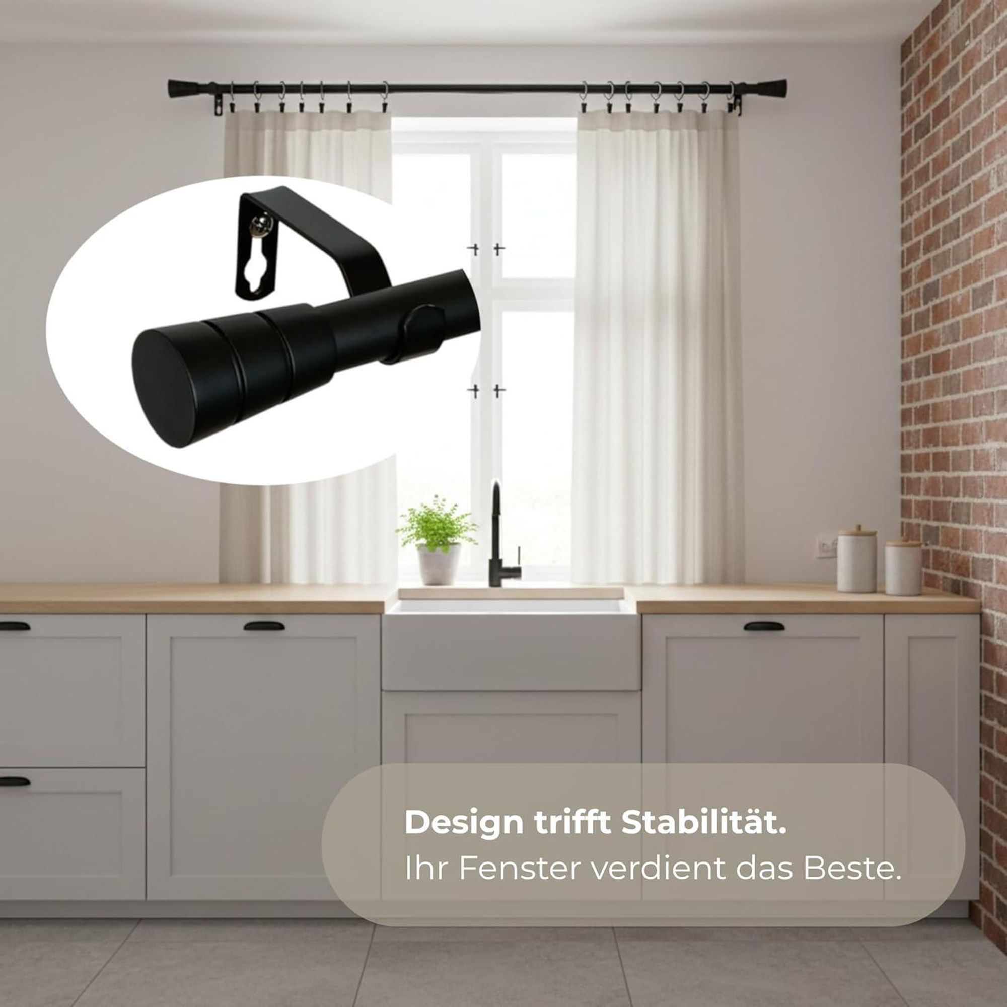 LOFT 140 cm Doppelte Gardinenstange Schwarz 19 mm aus Metall mit Endstück Basic Komplettset mit Ringen und Clips Inklusive Montagezubehörset
