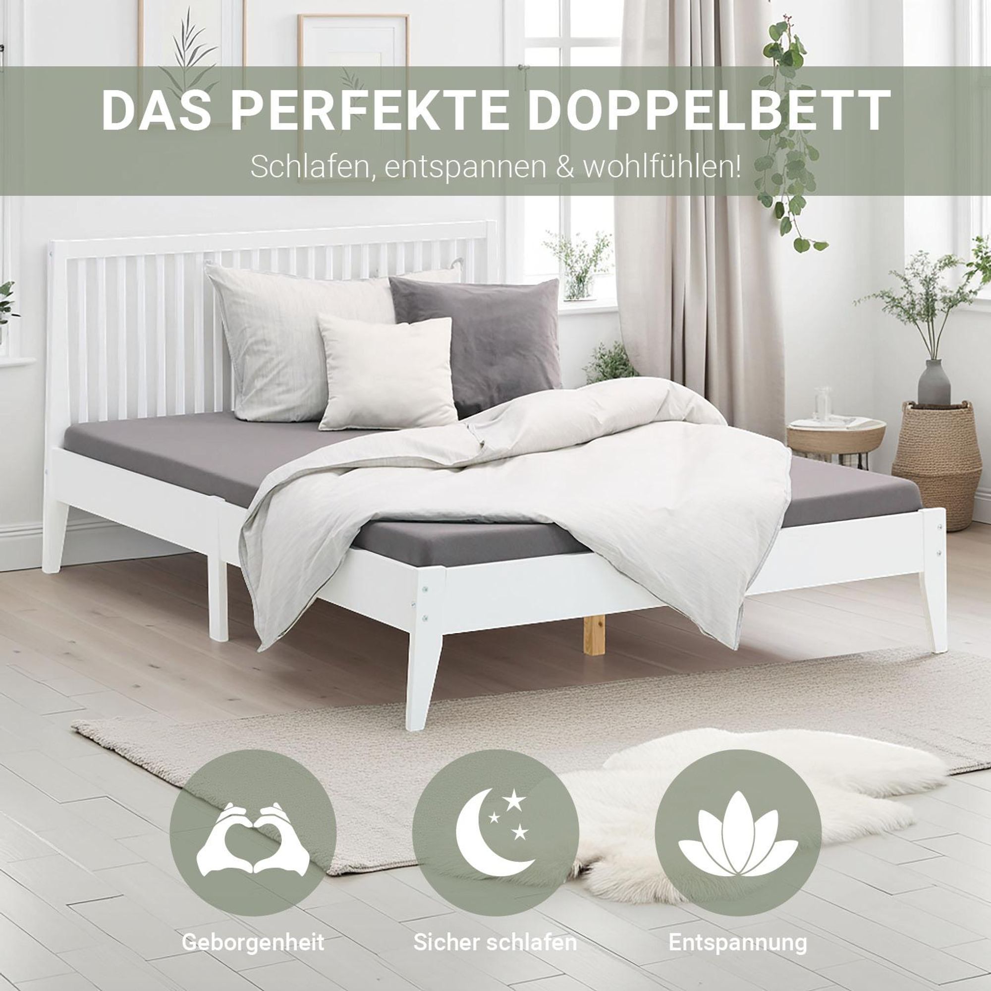 Im weißen Doppelbett kann man schlafen, entspannen und sich wohlfühlen.