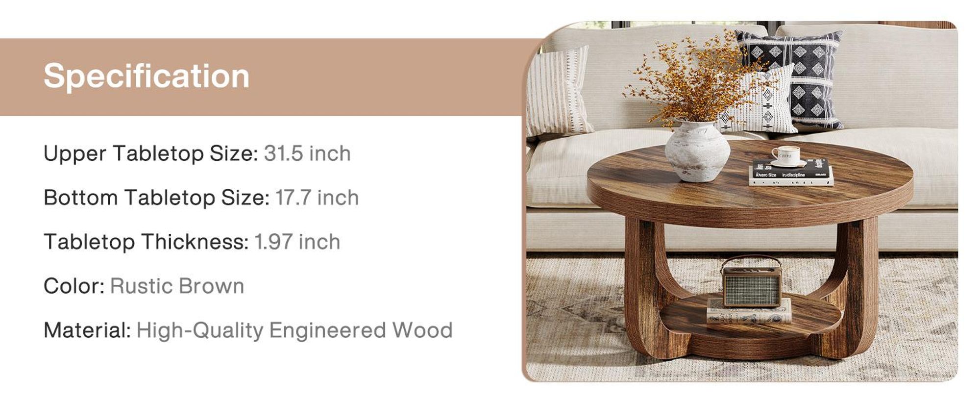 Tribesigns Runder Couchtisch, 2-stufiger runder Couchtisch mit Stauraum, 80 cm moderner Akzenttisch Holz, Dicke Tischplatte und Basis,rustikales Braun