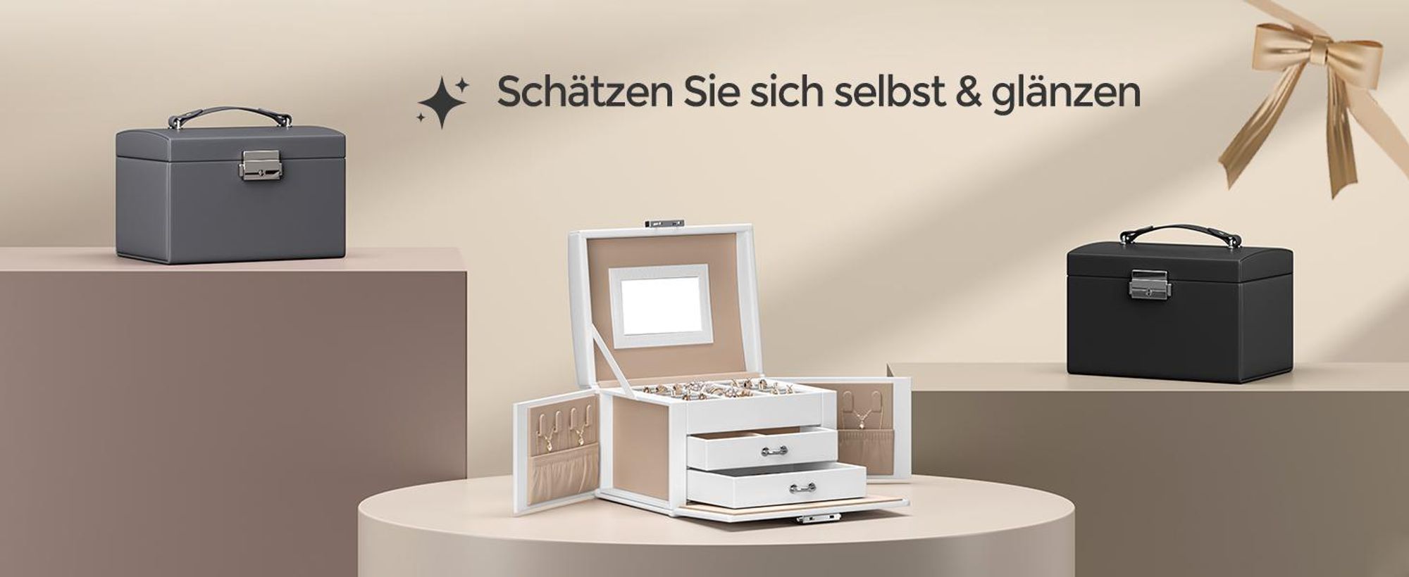 SONGMICS Schmuckkästchen 3 Ebenen, mit Griff, 2 Schubladen, Schloss, Spiegel