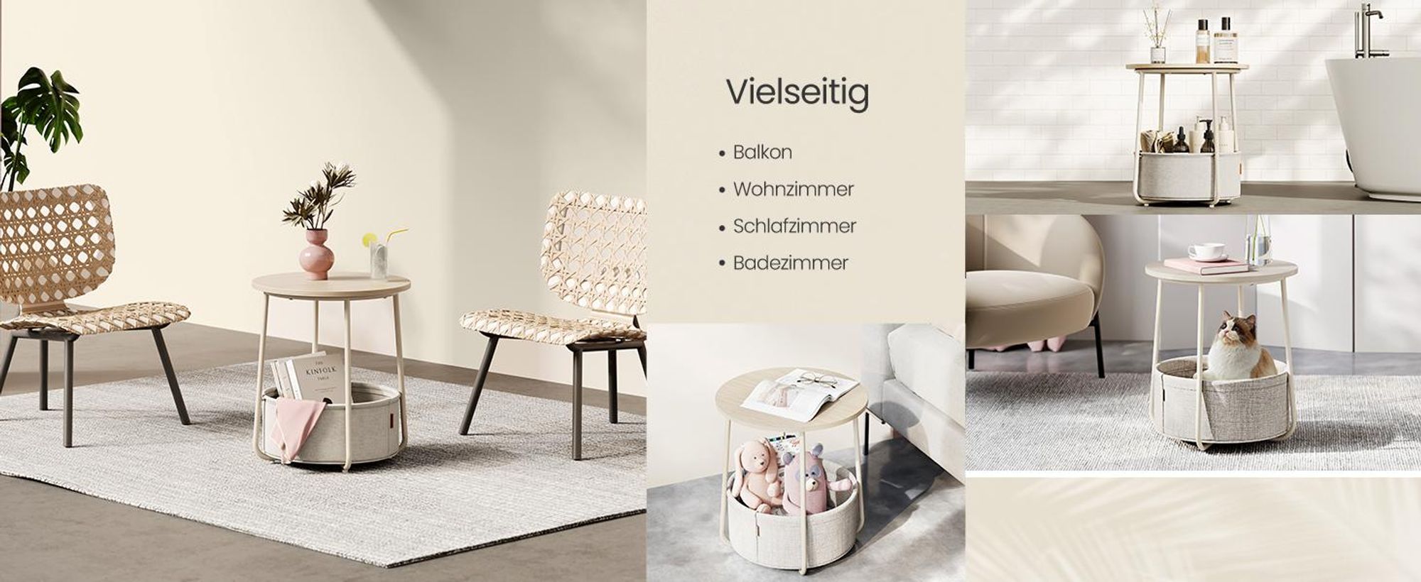 VASAGLE Beistelltisch, rund, mit Korb, Ø45 cm, Cremeweiß