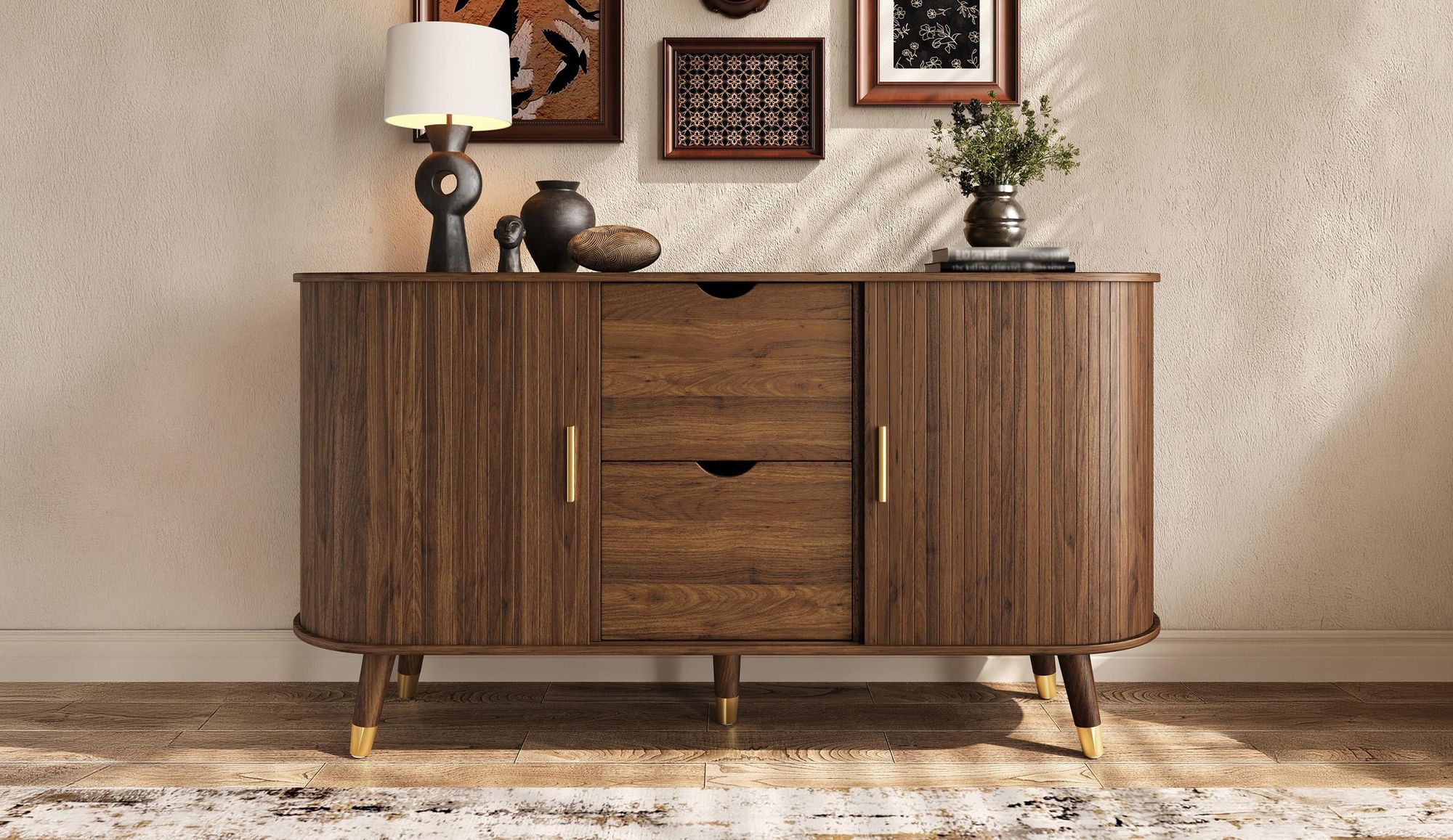 okwish Sideboard mit zwei Schiebetüren und Metall-Türgriffen, Kommode mit zwei Schubladen,abgerundetes Design,Massivholzbeinen,Nussbaum